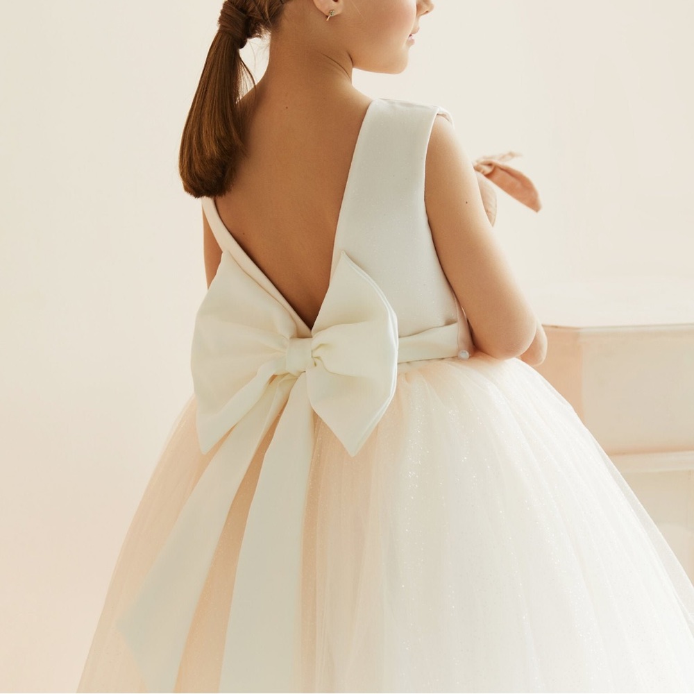 Satin flower girl dress with soft pink glitter tulle